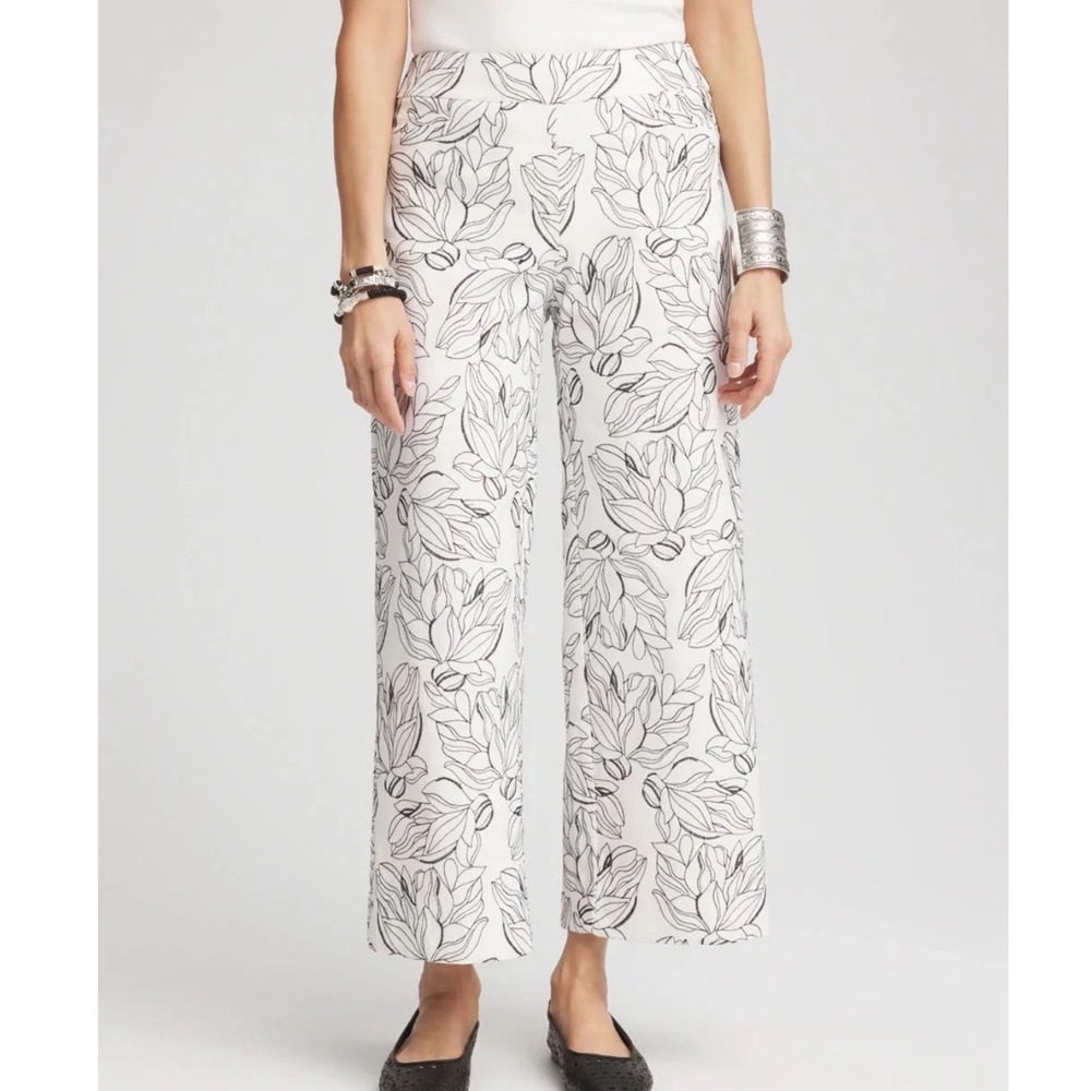 Chicos Embroidered Sz 1R/8R Floral Wide Leg Crop Pants Boho Office Classic